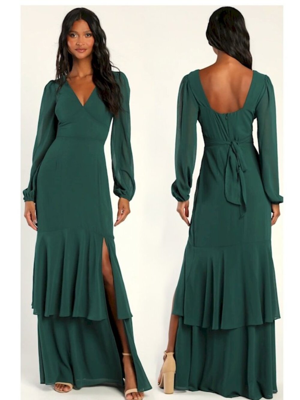 Lulus Tier Elegance Hunter Green Long Sleeve Tiered Maxi Dress Large New NWT